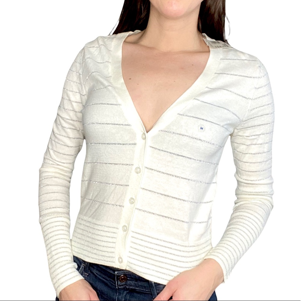 NWT American Eagle Holiday Ivory Stripped V-Neck Cardigan M
